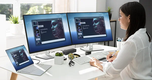Graphic Designer Artist Working On Multiple Computer Screens