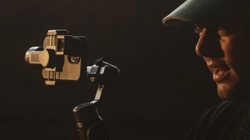 Man filming with mobile lens and gimbal on a phone.