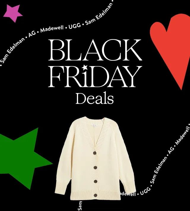 Black Friday Deals: a cream cardigan. A long brown quilted vest. A pair of women's jeans. A brown studded shoulder bag. A tan lug-heel boot.