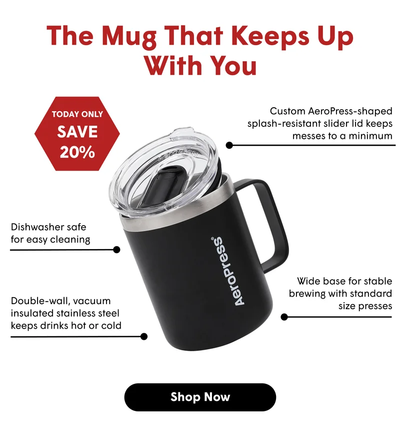 The Mug That Keeps Up With You  TODAY ONLY SAVE 20%  Custom AeroPress-shaped splash-resistant slider lid keeps messes to a minimum Wide base for stable brewing with standard size presses Double-wall, vacuum insulated stainless steel keeps drinks hot or cold Dishwasher safe for easy cleaning [SHOP NOW]