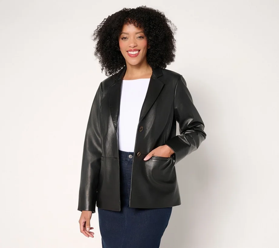 Denim & Co. Regular Lamb Leather Two Button Blazer
