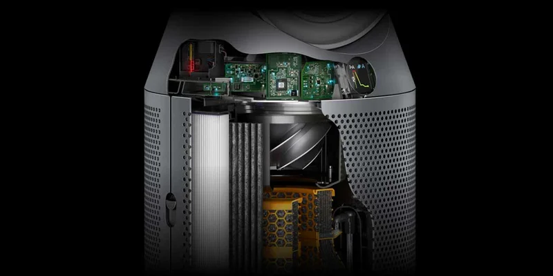 A close-up of the technology inside the Dyson Purifier Humidify+Cool purifier humidifier in White and silver