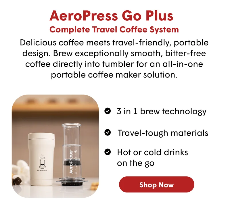 AeroPress Go Plus Complete Travel Coffee System   Delicious coffee meets travel-friendly, portable design. Brew exceptionally smooth, bitter-free coffee directly into tumbler for an all-in-one portable coffee maker solution. 3 in 1 brew technology Travel-tough materials Hot or cold drinks  on the go [SHOP NOW]