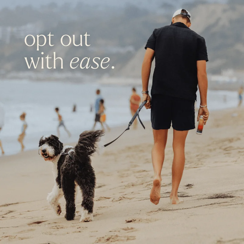 opt out with ease. guy sadly walking with dog on beach.