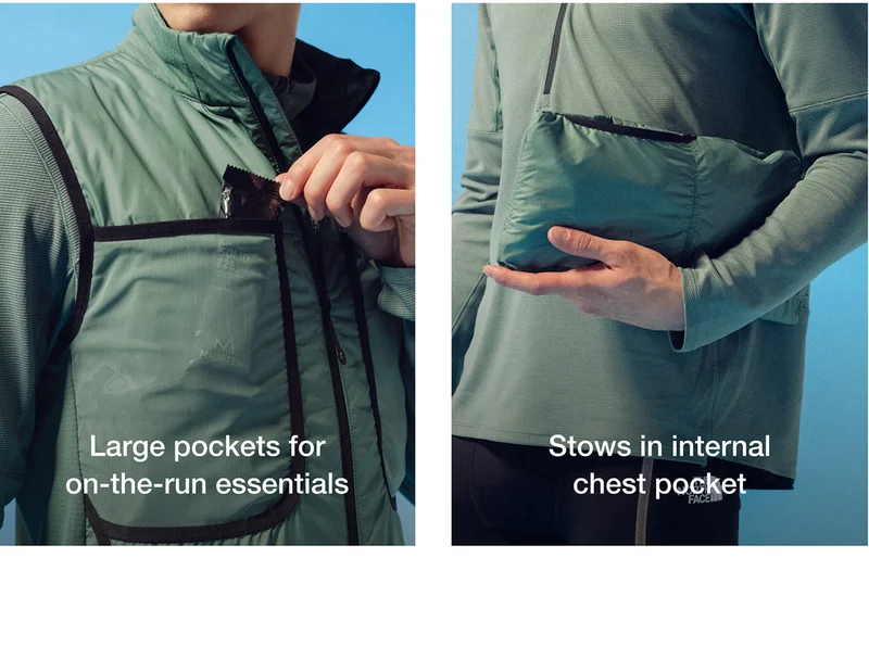 Large pockets for  on-the-run essentials  - Stows in internal chest pocket
