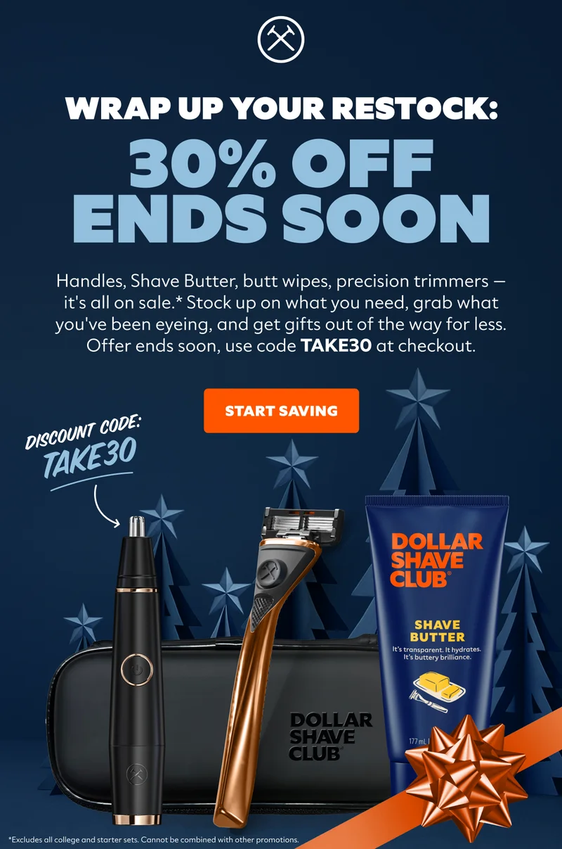WRAP UP YOUR RESTOCK: 30% OFF ENDS SOON | CTA: START SAVING | DISCOUNT CODE: discount code