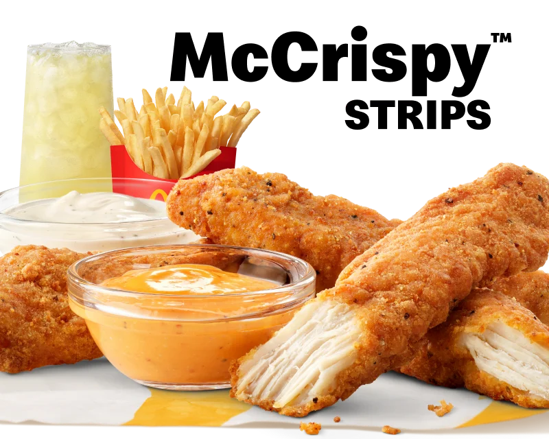 McCrispy Strips meal featuring Creamy Chili Dip and Ranch, plus medium fries and a lemonade.