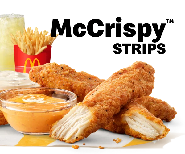 McCrispy Strips meal featuring Creamy Chili Dip and Ranch, plus medium fries and a lemonade.