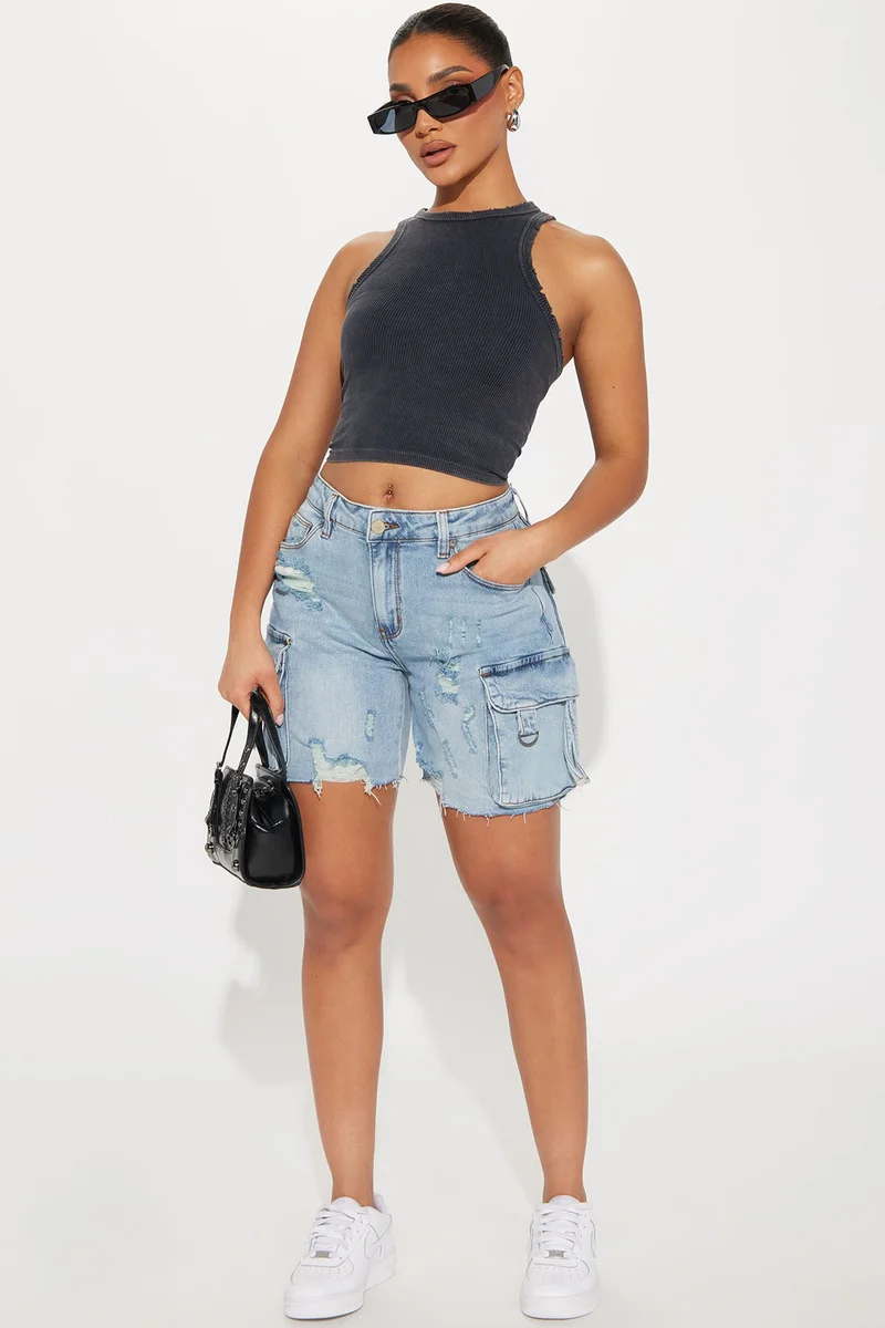Image of Find A Way Stretch Cargo Denim Shorts - Light Wash
