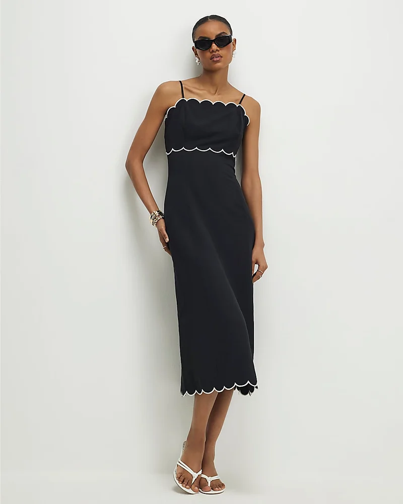 Black Linen Blend Scallop Trim Midi Dress