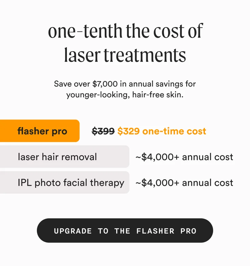 one-tenth the cost of laser treatments - Save over $7,000 in annual savings for younger-looking, hair-free skin. - flasher pro: Retail Price = $399 - Sale Price = $329 one-time cost - laser hair removal: ~$4,000+ annual cost - IPL photo facial therapy: ~$4,000+ annual cost - UPGRADE TO THE FLASHER PRO