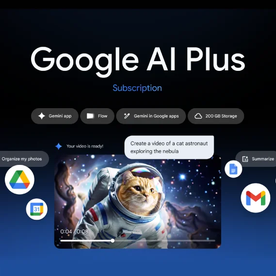 Ginger cat astronaut exploring nebula on screen, next to Gemini and Google apps icons.