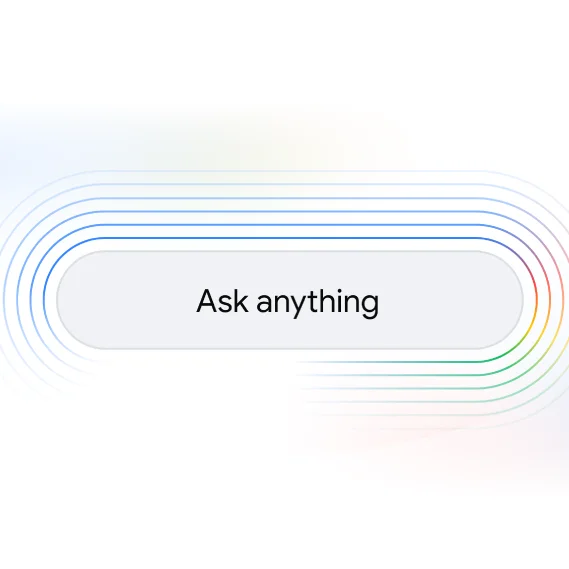 Input field displaying the prompt 'Ask anything,' surrounded by concentric, multicolored arcs of light that fade into a white background.