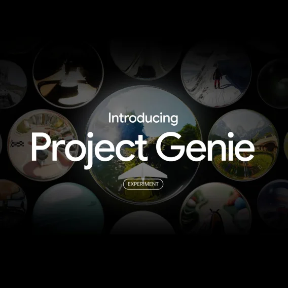 Reflective spheres, 'Introducing Project Genie,' 'EXPERIMENT' button.