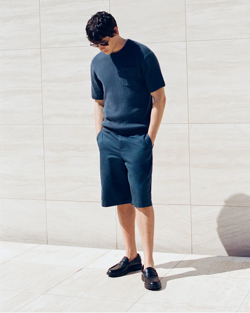 Image | Model in Textured Knit Tee and Everyday Chino Short 9"