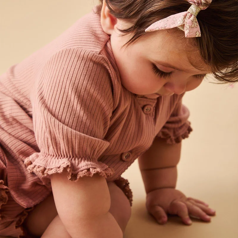 Image of Frilled Ribbed Cardigan & Shorts Outfit