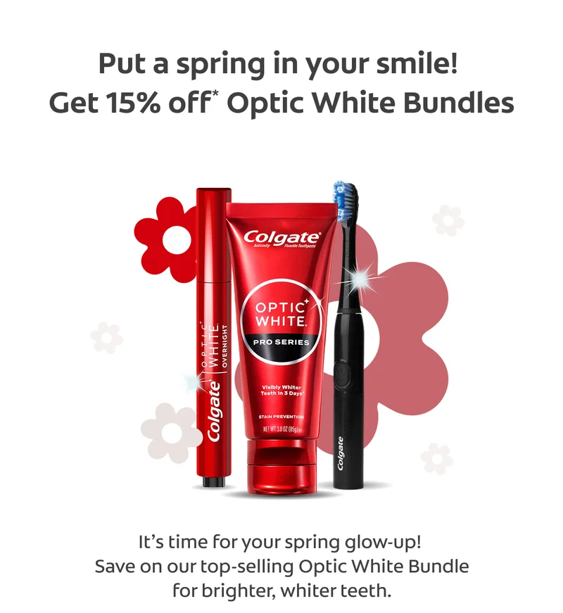 Put a spring in your smile! Get 15% off Optic White Bundles. It's time for your spring glow-up! Save on our top-selling Optic White Bundles for brighter, whiter teeth.