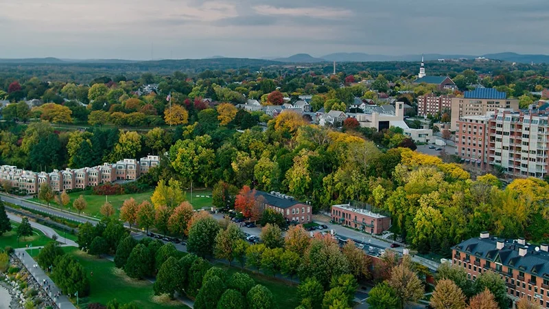Image description: Aerial view of Burlington, Vermont, in the fall