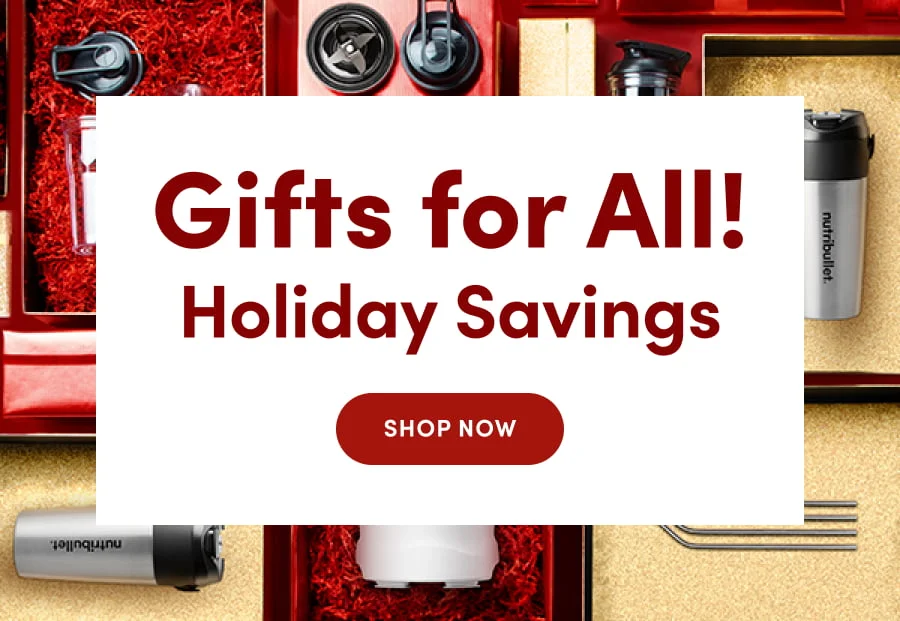 Background image of nutribullet various products packed in Christmas gift boxes