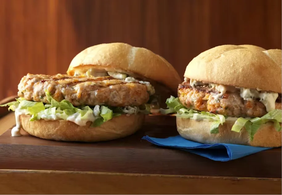 Buffalo Chicken Burgers with Blue Cheese Mayo