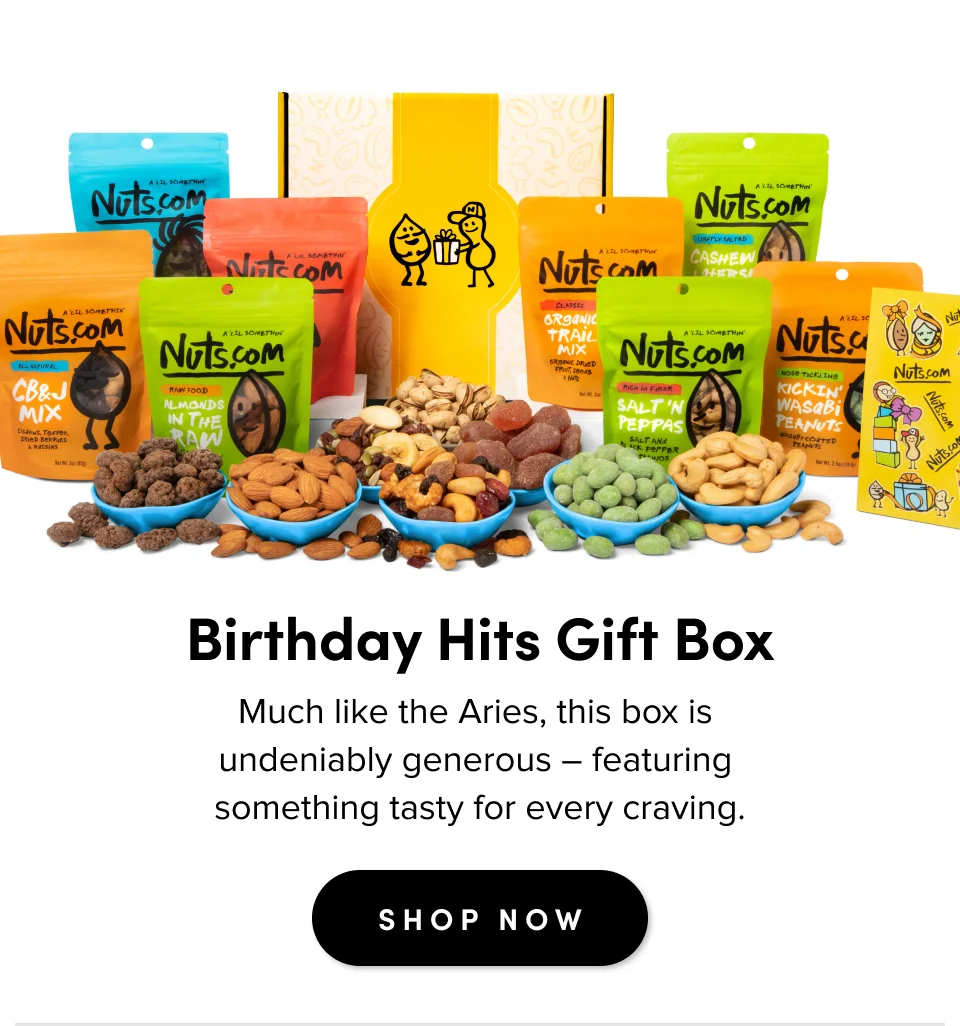 Birthday Hits Gift Box Much like the Aries, this box is  undeniably generous – featuring  something tasty for every craving. SHOP NOW