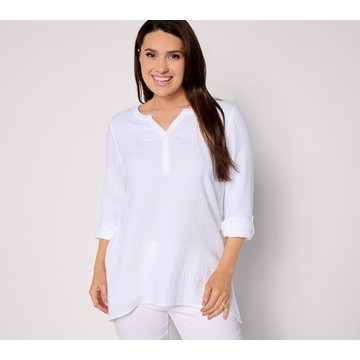Susan Graver PURE Regular Cotton Gauze Split-Neck Tunic