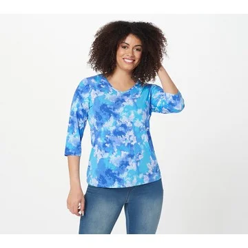Susan Graver Printed Liquid Knit V-neck 3/4 Sleeve Top