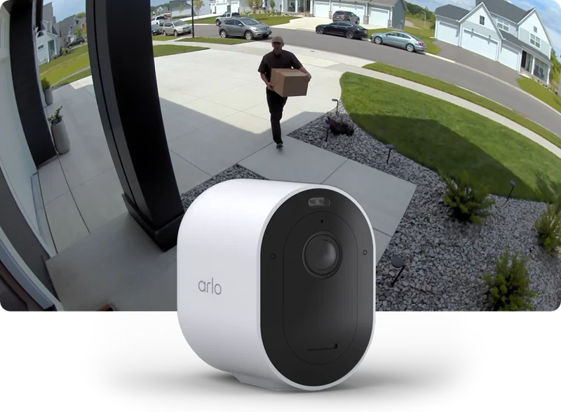 Pro 5S 2K Wireless Security Camera with a point-of-view image showing a delivery driver delivering a package to the front door of a home.