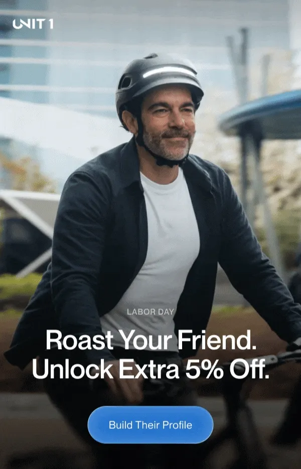 Man wearing UNIT 1 smart helmet with integrated lights. Headline: Real Work Deserves Real Protection – Labor Day Deals up to 20% off.