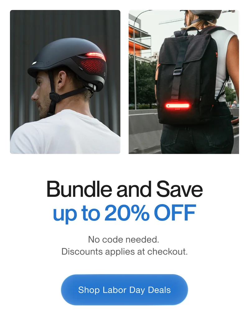 UNIT 1 smart helmet and Torch backpack with integrated lights. Text: Bundle and Save up to 20% OFF – Unlock Labor Day Deals.
