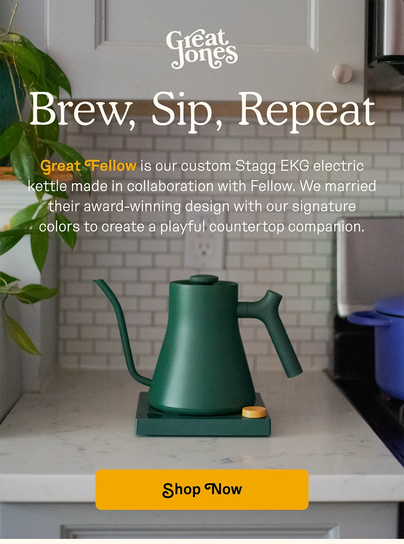 Great Fellow is our custom Stagg EKG electric kettle made in collaboration with Fellow. We married their award-winning design with our signature colors to create a playful countertop companion.