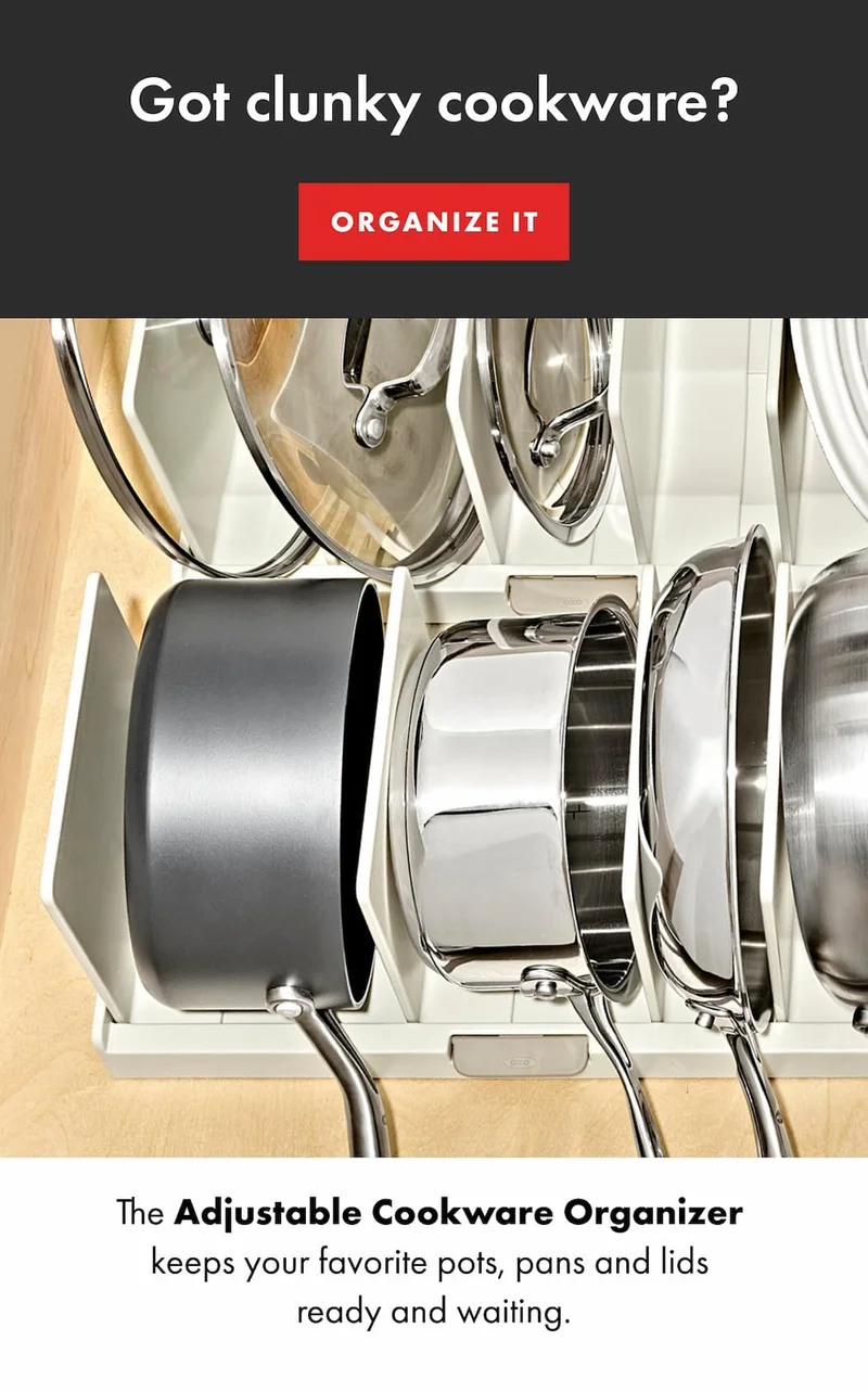 Got clunky cookware? The Adjustable Cookware Organizer  keeps your favorite pots, pans and lids ready and waiting. | ORGANIZE IT