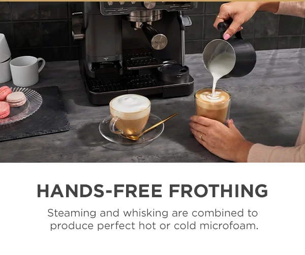 Hands-Free Frothing-- Steaming and whisking are combined to produce perfect microfoam.