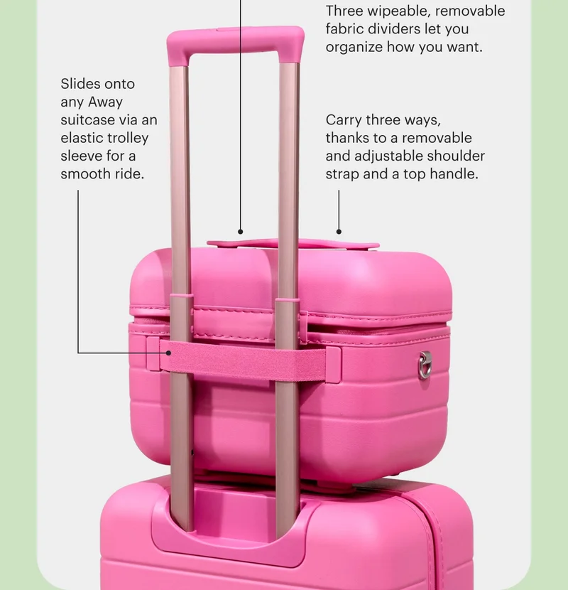 Three wipeable, removable fabric dividers let you organize how you want | Slides onto any Away suitcase via an elastic trolley sleeve for a smooth ride | Carry three ways, thanks to a removable and adjustable shoulder strap and a top handle.