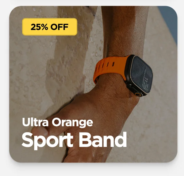 Ultra Orange Sport Band on Black Apple Watch Ultra. 25% off