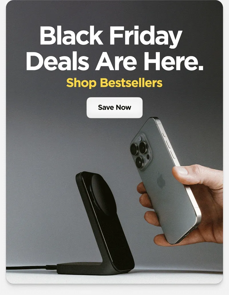 Black Friday deals are here. Featuring Ultra Orange Sport Band with Apple Watch Ultra, Forest Green Rugged Case for iPhone 16, 65W Power Adapter and Apple Watch charging an Apple Watch, Stand One in Carbide charging an iPhone 16