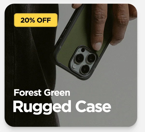 Forest Green Rugged Case on iPhone 16. Save 20%.