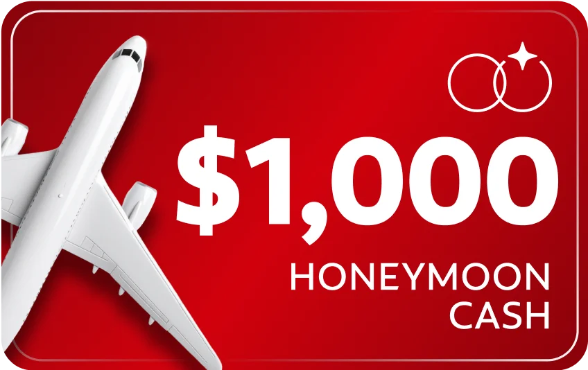 Winner will receive a $1,000 gift card to spend on their honeymoon, in addition to swag bags for their whole wedding party (up to 12 people).