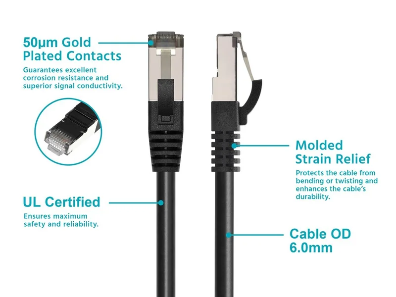 Cat8 0.5ft Black Ethernet Patch Cable, Double Shielded (S/FTP), 28AWG, 2GHz, 40G, Pure Bare Copper