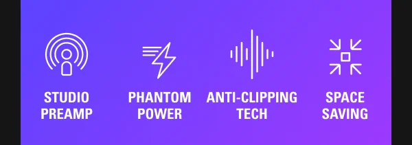 Studio preamp. Phantom power. Anti-clipping tech.  Space saving.