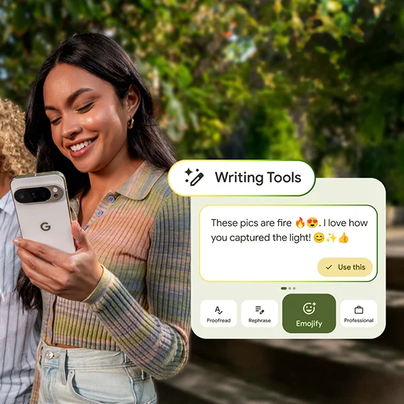 Smiling woman looks at a Google Pixel phone showing an 'Emojify' option and text: 'These pics are fire. I love how you captured the light!'