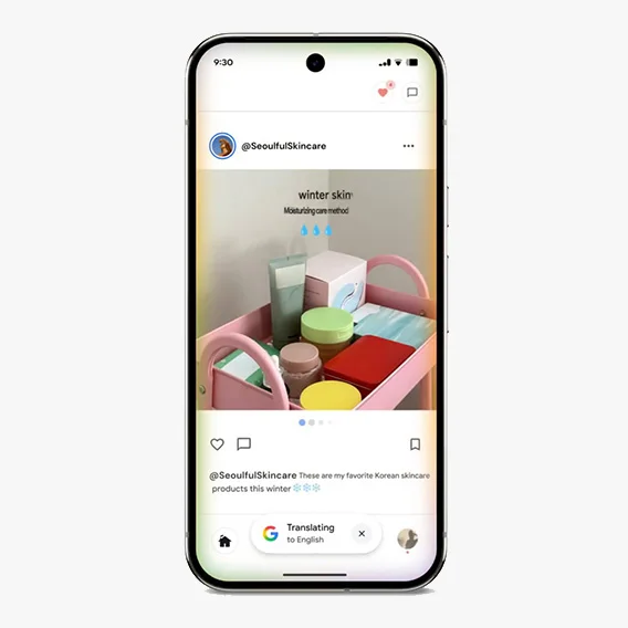 Smartphone displaying a post: colorful skincare products (jars, tubes) on a pink tiered cart, with text 'winter skin' and 'Moisturizing care method.'