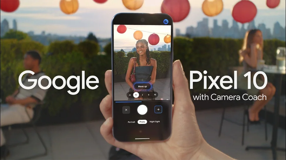 Google Pixel 10 phone held in hand, its camera app displaying a woman with a 'Move up' prompt. Overlaid text: 'Google Pixel 10 with Camera Coach.'