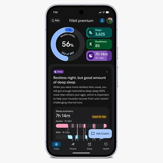 Fitbit Premium app (dark mode) on smartphone showing weekly cardio, steps, readiness, and sleep data.