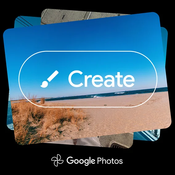 Stack of rounded photos, top beach scene with 'Create' button (paintbrush icon), Google Photos logo below.