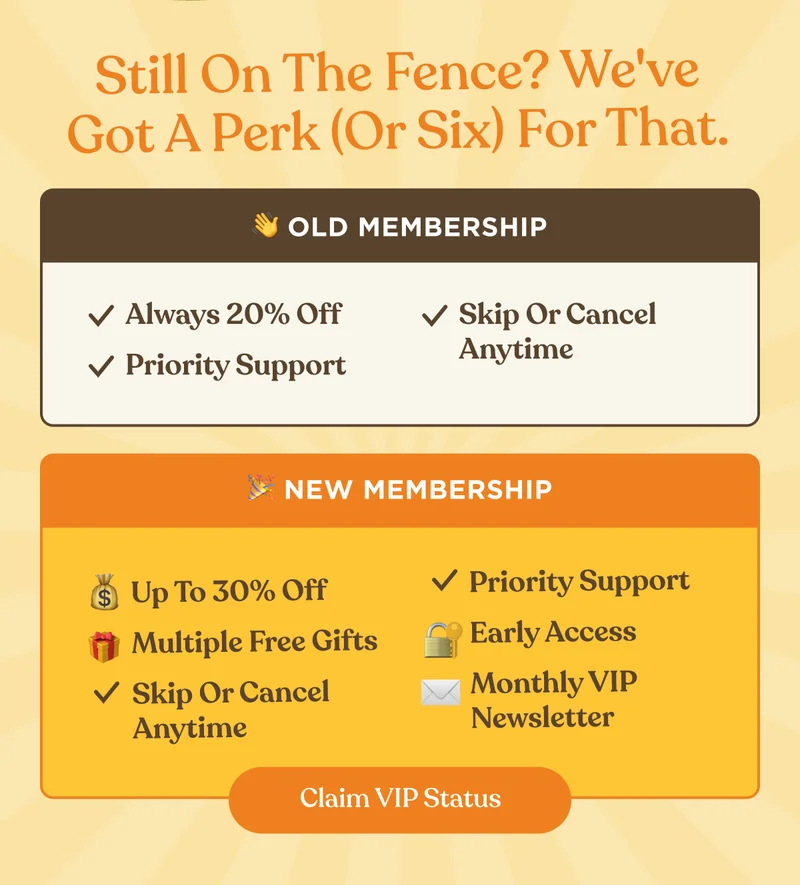 Still on the Fense? We've Got a Perk (or Six) For That. | Old Membership - Always 20% off, Skip or cancel anytime, Priority Support | New Membership - Up to 30% off Multiple Free Gifts, Skip or Cancel Anytime, Priority Support, Early Access, Monthly VIP Newsletter | Claim VIP Status