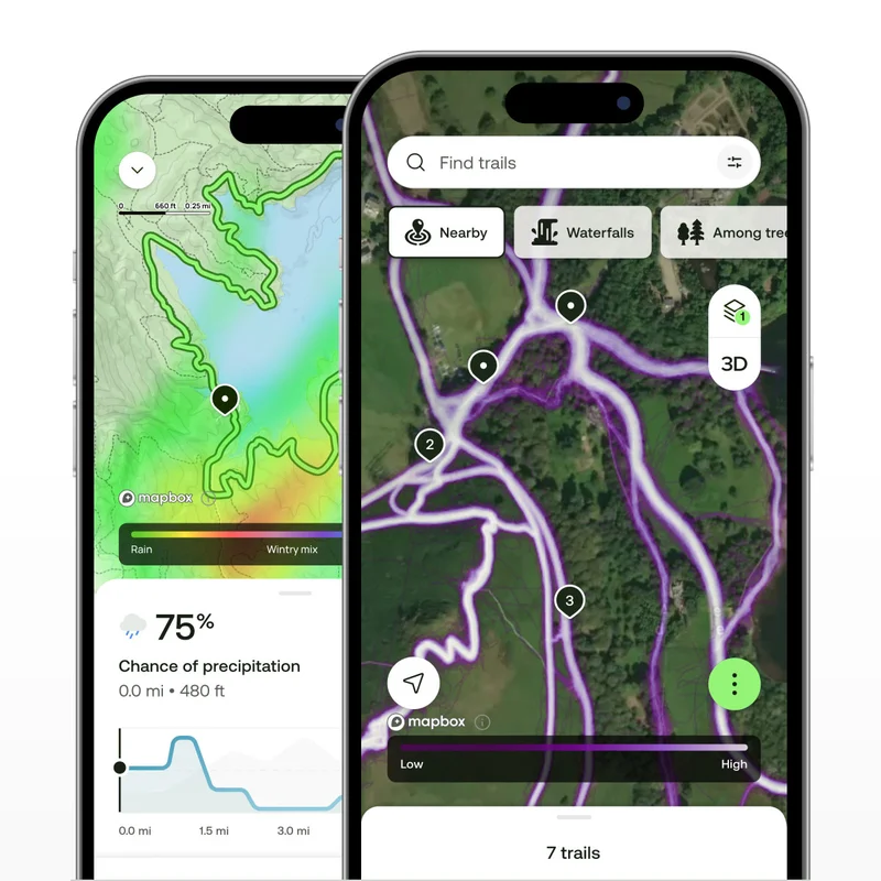 Image of phone with different alltrails map layers shown
