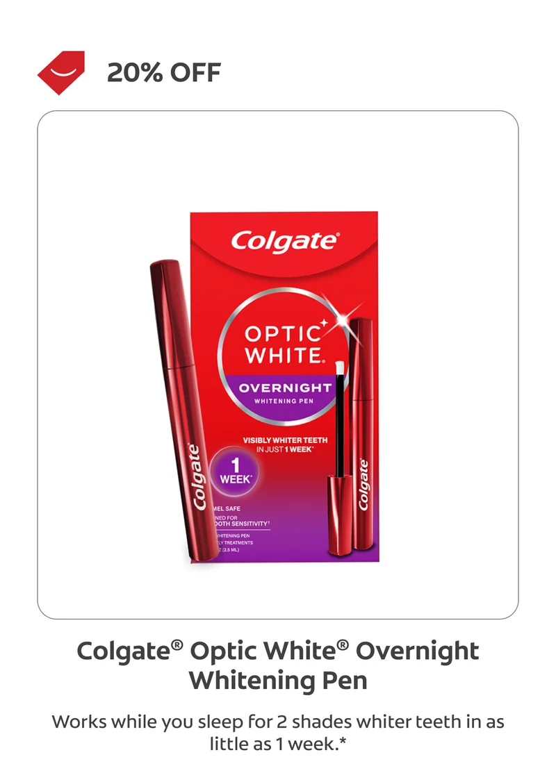 20% OFF Colgate® Optic White® Overnight Whitening Pen. Works while you sleep for 2 shades whiter teeth in as little as 1 week.*