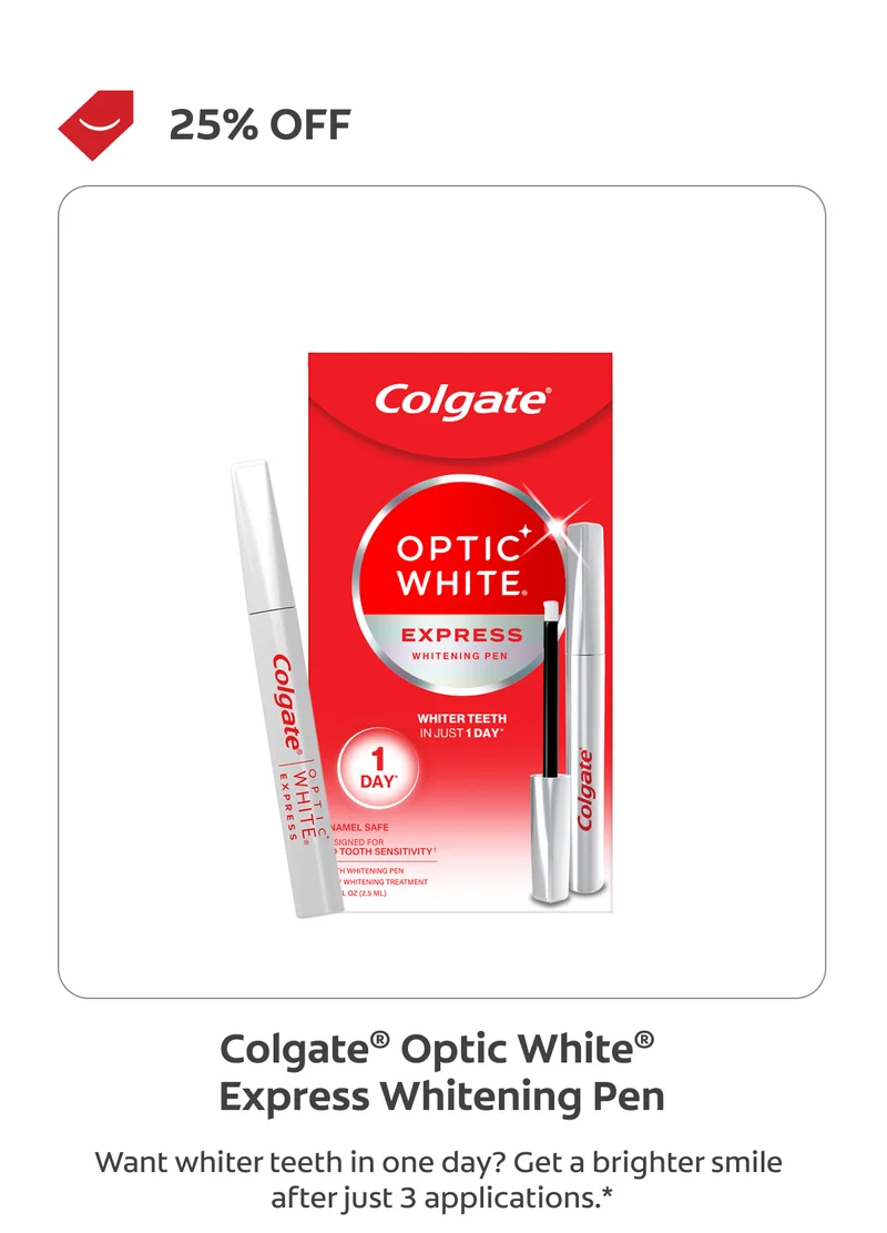25% OFF Colgate® Optic White®. Express Whitening Pen. Want whiter teeth in one day? Get a brighter smile after just 3 applications.*