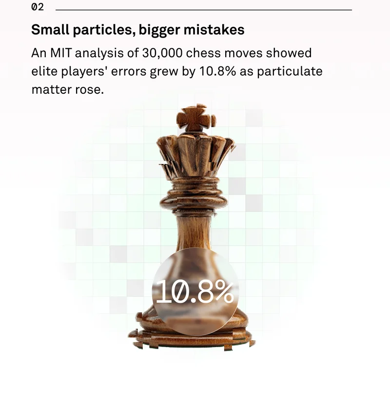 Small particles, bigger mistakes - An MIT analysis of 30K chess moves showed elite players' errors grew by 10% as particulate matter rose.